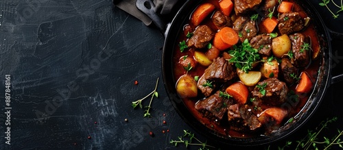 A skillet holding beef stew...