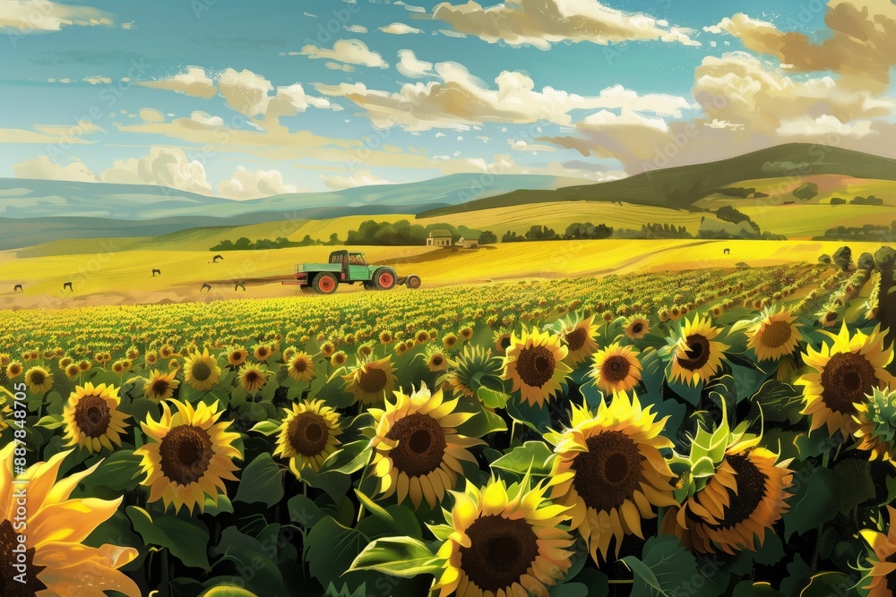 Sunflower harvest season in countryside in a painting style