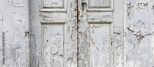A weathered white door with...