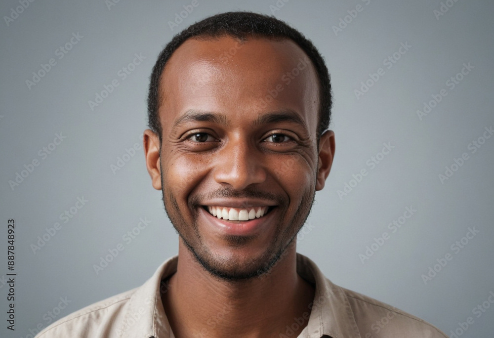 Portrait view of a regular happy smiling Djibouti man, ultra realistic, candid, social media, avatar image, plain solid background Portrait view of a regular happy smiling Djibouti man, ultra realistic, candid, social media, avatar image, plain solid background
