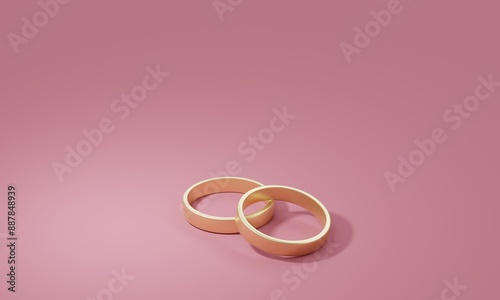Two gold wedding rings on a pink background, symbolizing love. 3d rendering 