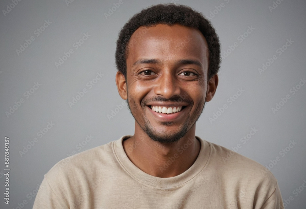 Portrait view of a regular happy smiling Ethiopia man, ultra realistic, candid, social media, avatar image, plain solid background Portrait view of a regular happy smiling Ethiopia man, ultra realistic, candid, social media, avatar image, plain solid background