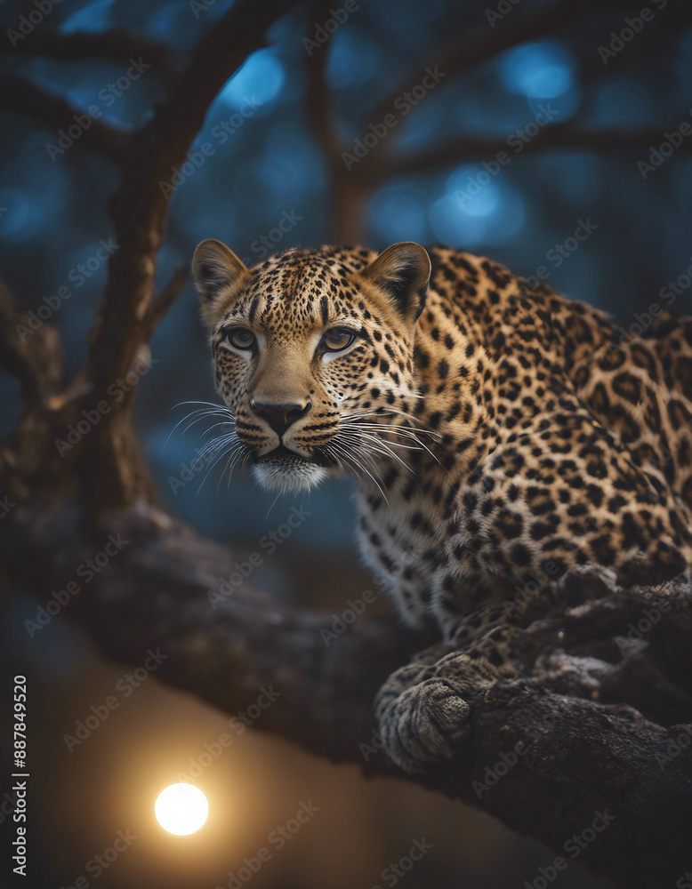 Fototapeta premium A leopard perched on a tree branch, moonlit night 