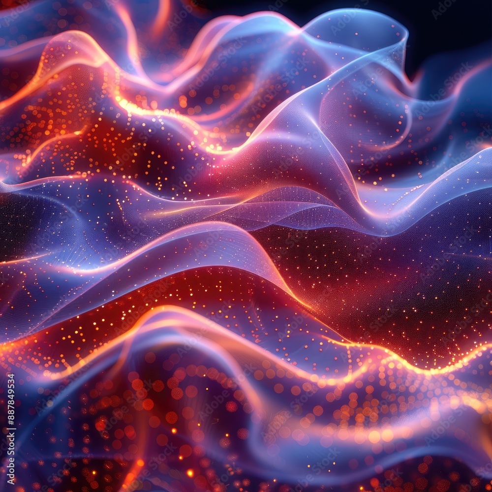 Abstract digital wave with glowing particles and fluid shapes in vibrant colors, representing technology and futuristic design. Abstract digital wave with glowing particles and fluid shapes in vibrant colors, representing technology and futuristic design.