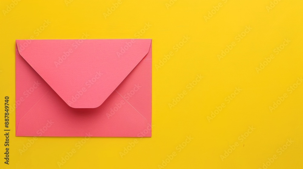 Pink envelope with blank note on yellow background with space for text Pink envelope with blank note on yellow background with space for text
