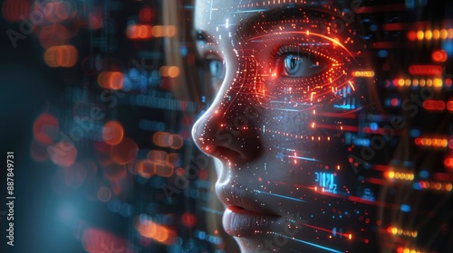 Close-up of a human face with futuristic digital interface elements overlaying, symbolizing the interaction between technology and humanity.