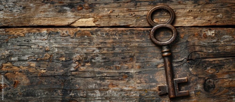Ancient key resting on a rustic wooden table with copy space image available Ancient key resting on a rustic wooden table with copy space image available