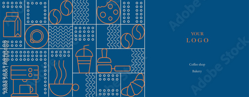 Hand drawn illustration of Bakery and Coffee. Icons. Abstract geometric line background. Gold luxury. Pattern for cover design, food package, menu, background, café wall, coffee shop, web banner