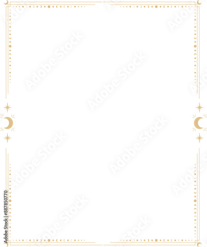 Line golden frame, celestiam minimal esoteric border, mystyc linear decoration with dots, corners isolated on dark background. Geometric shape, tarrot 