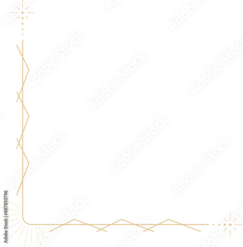Line golden frame, celestiam minimal esoteric border, mystyc linear decoration with dots, corners isolated on dark background. Geometric shape, tarrot 