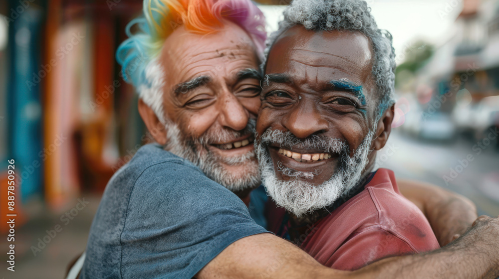 A sweet old gay couple. Two elderly interracial men hug each other, one of them has rainbow hair. They smile and enjoy each other's company A sweet old gay couple. Two elderly interracial men hug each other, one of them has rainbow hair. They smile and enjoy each other's company