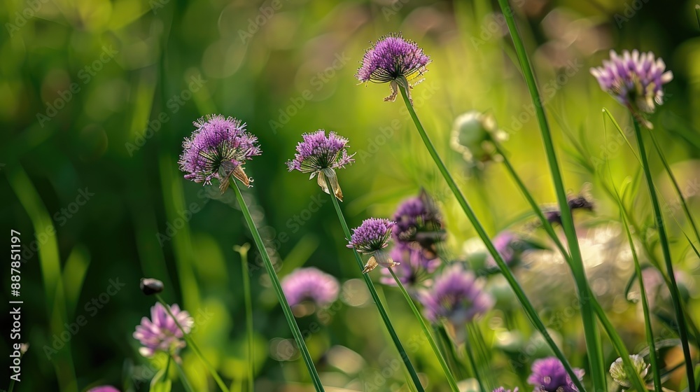 Close up of wild onions with a purple flower and wild leek backdrop Close up of wild onions with a purple flower and wild leek backdrop