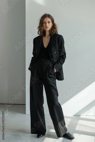 A model wearing black wide leg pants and an oversized blazer in a simple style with a minimalistic background for fashion photography in a full body shot with natural lighting. 