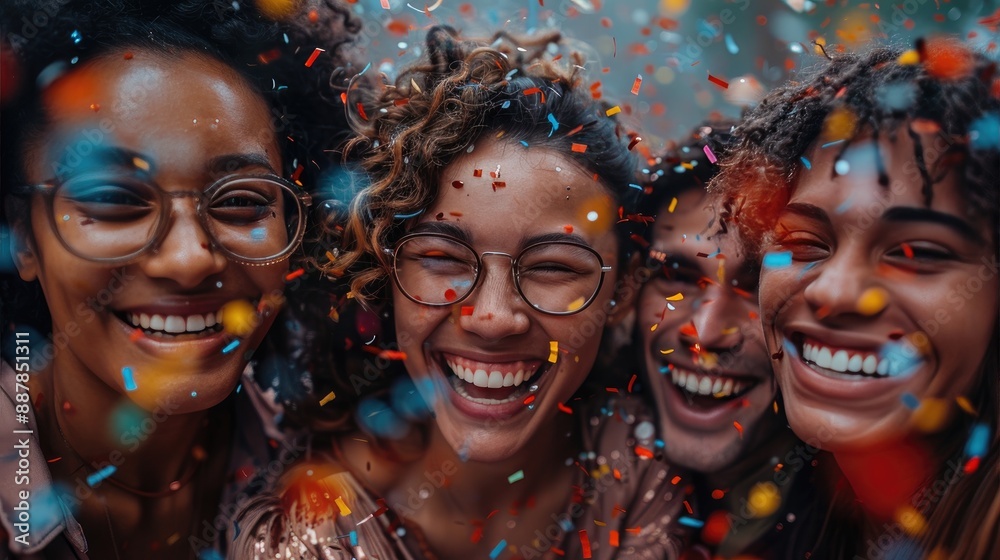 A joyful group of friends celebrates with confetti, exuding happiness and togetherness. Bright, colorful, and full of life. A joyful group of friends celebrates with confetti, exuding happiness and togetherness. Bright, colorful, and full of life.