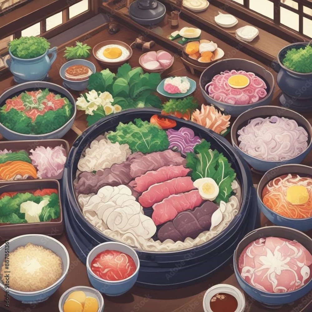 There is a wide variety of sukiyaki at one table There is a wide variety of sukiyaki at one table