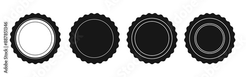 Eight black and white circular seal icon designs with wavy edges.