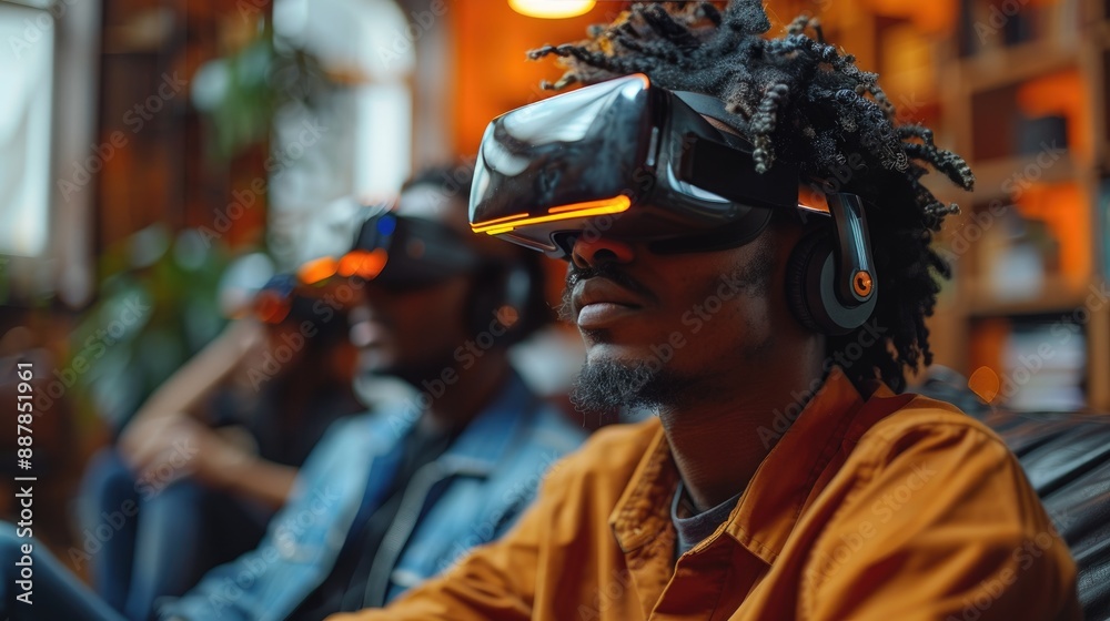 Group of young men enjoying virtual reality experience with VR headsets, immersed in digital worlds, sharing a futuristic adventure together. Group of young men enjoying virtual reality experience with VR headsets, immersed in digital worlds, sharing a futuristic adventure together.