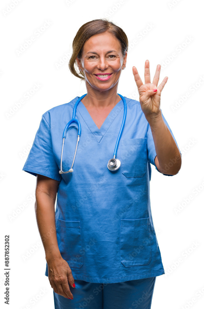 Middle age senior nurse doctor woman over isolated background showing and pointing up with fingers number four while smiling confident and happy. Middle age senior nurse doctor woman over isolated background showing and pointing up with fingers number four while smiling confident and happy.