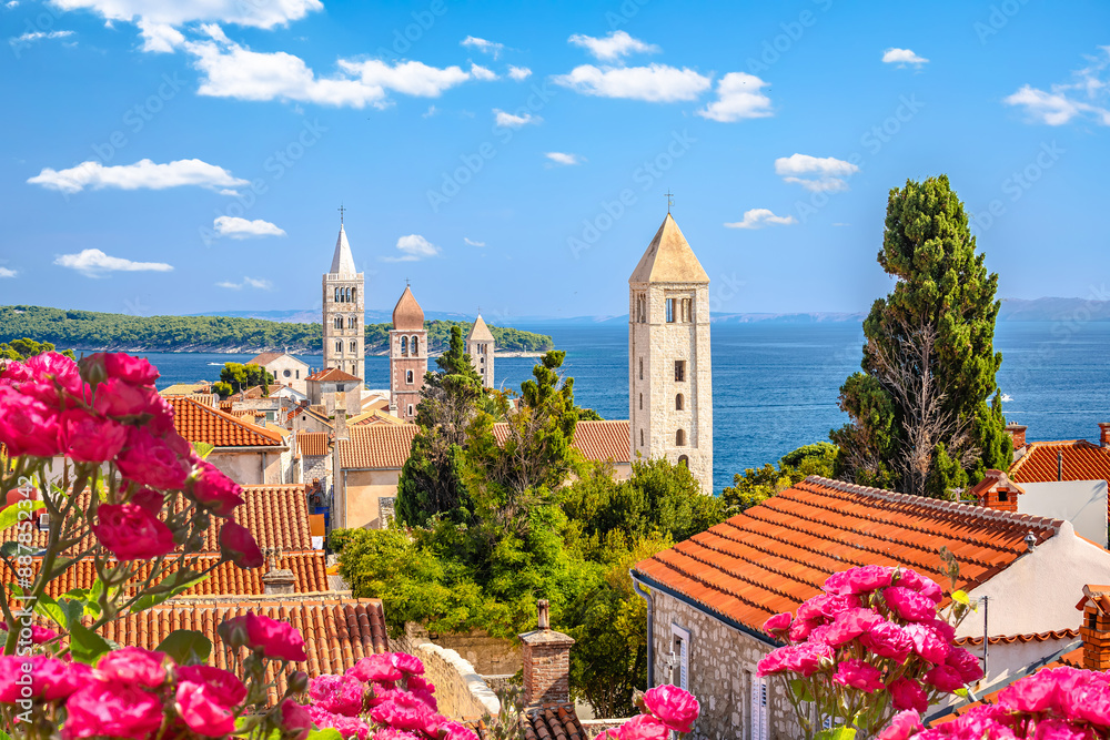 Four tower od historic Rab town view