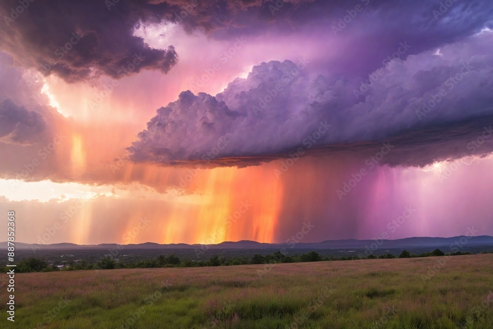 Dramatic Sunset with Rain and Thunderclouds. Dramatic Sunset with Rain and Thunderclouds.