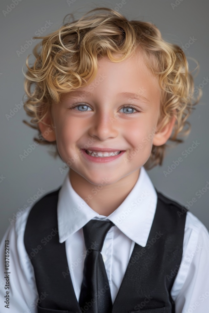 A photo of an attractive young boy with blonde hair, blue eyes and wearing white shirt black tie and vest on isolated background. A photo of an attractive young boy with blonde hair, blue eyes and wearing white shirt black tie and vest on isolated background.