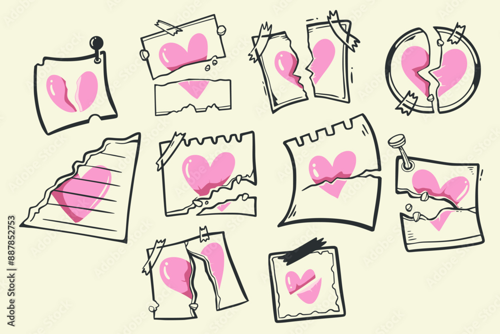 Paper Note for Broken Heart. Paper Notes with Love and Cute Hearts. Valentine's day cute notes Paper Note for Broken Heart. Paper Notes with Love and Cute Hearts. Valentine's day cute notes