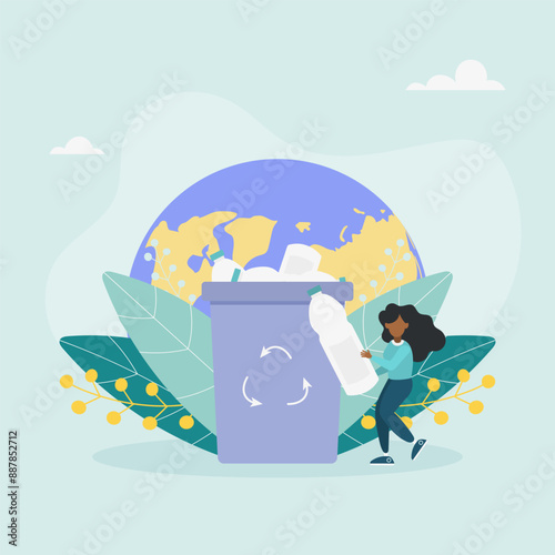 The character sorts garbage into containers for recycling and reuse. Garbage recycling. Zero waste concept. Vector illustration.
