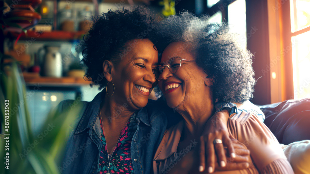 Two black women are sitting on the couch and hugging each other. An elderly lesbian couple is having fun. They both smile Two black women are sitting on the couch and hugging each other. An elderly lesbian couple is having fun. They both smile