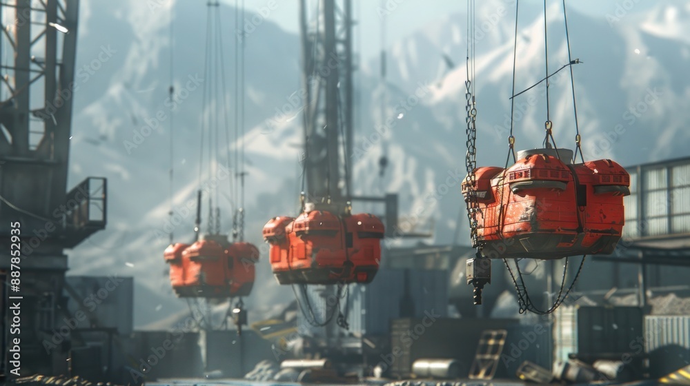 Fototapeta premium Futuristic Slings in Industrial Setting with Snowy Mountain Background - Modern Industrial Equipment in Winter Landscape