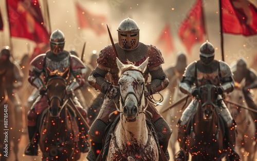 Brave knights on horses in closeup medieval combat, photorealistic detail, intense warfare, Medieval Combat, Dynamic Action
