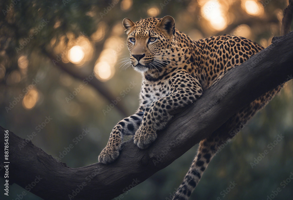 Obraz premium A leopard perched on a tree branch, moonlit night 