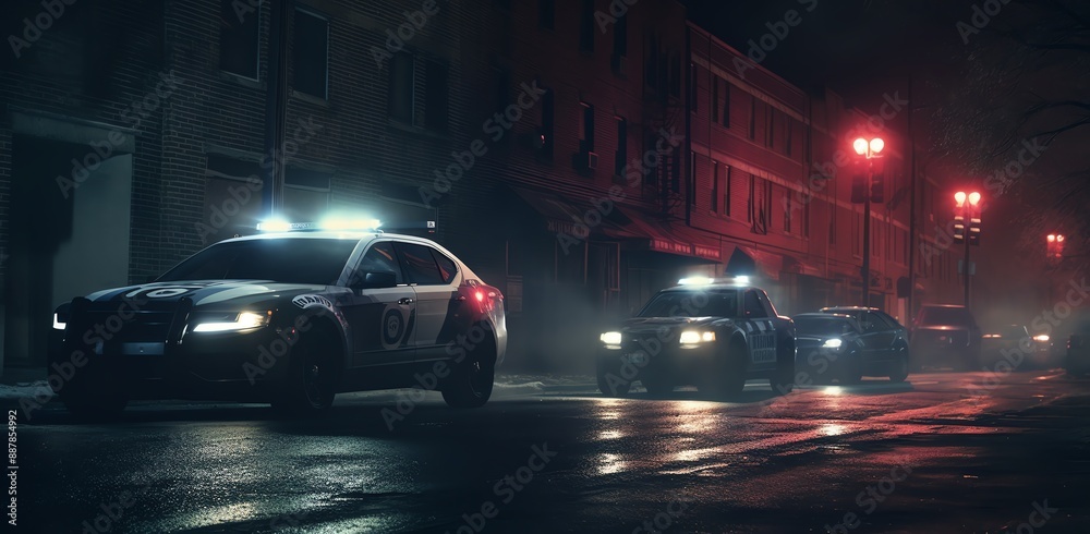 Fototapeta premium A police car with flashing lights is driving down the street, surrounded by other cars and uniformed officers on either side of it
