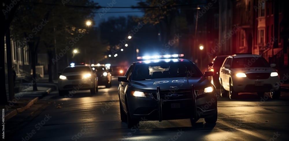 A police car with flashing lights is driving down the street, surrounded by other cars and uniformed officers on either side of it A police car with flashing lights is driving down the street, surrounded by other cars and uniformed officers on either side of it