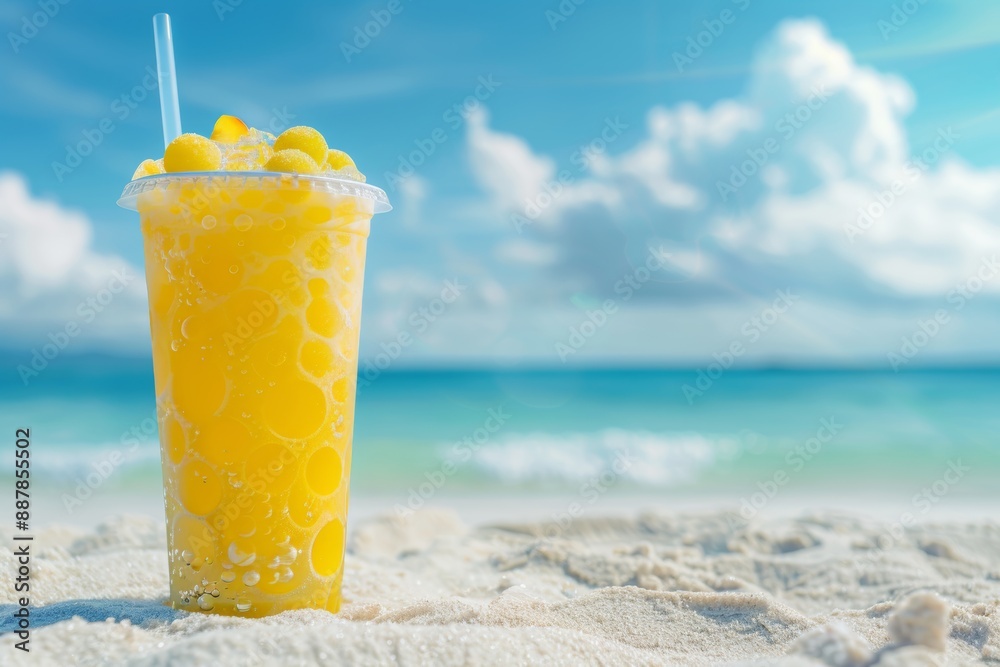 Obraz premium Refreshing Tropical Yellow Fruit Juice Drink on Beach with Ocean View, Summer Vacation Concept