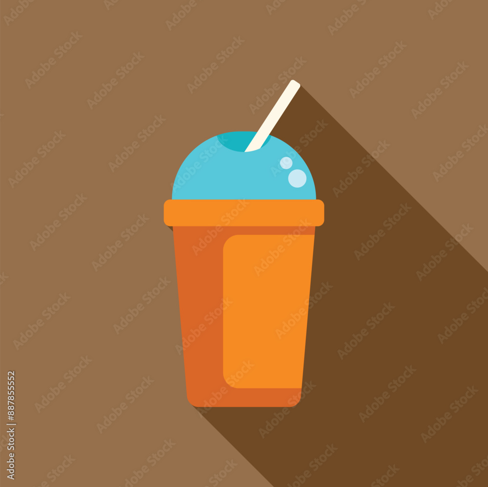 Orange disposable plastic cup holding a blue soda with straw and bubbles, simple flat design icon with long shadow Orange disposable plastic cup holding a blue soda with straw and bubbles, simple flat design icon with long shadow