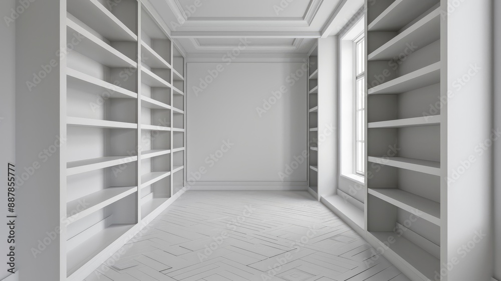 Empty white room with narrow interior shelves Empty white room with narrow interior shelves