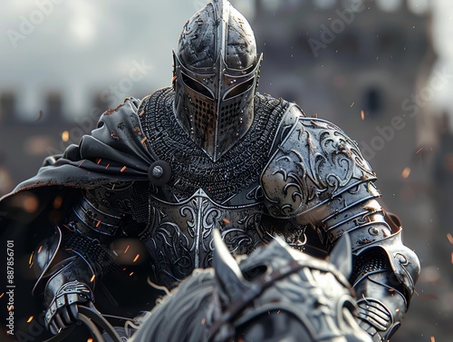 High-Detail Closeup of Medieval Knight in Armor, Riding a Horse, Showcasing Honor and Valor, Photorealistic, Intense Action