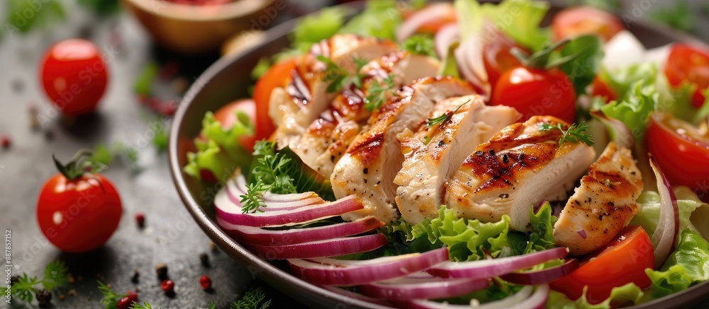 Fresh chicken breast salad with a mix of tomatoes onions and lettuce served on a table with a food background ideal as a copy space image Fresh chicken breast salad with a mix of tomatoes onions and lettuce served on a table with a food background ideal as a copy space image