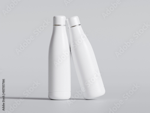 Water bottle Steel metal thermo flask, 3d render mockup. Reusable stainless steel sport bottle, isolated on gray. Gym or travel water container, closed with cap, portable blank template