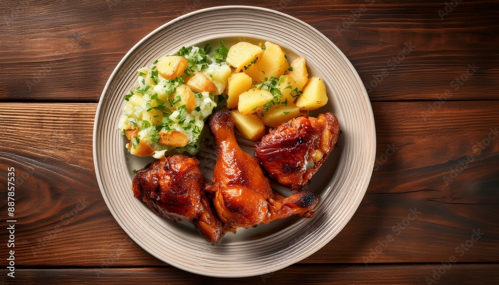Grilled chicken wings with potatoes on a wooden table. Grilled chicken wings with potatoes on a wooden table.