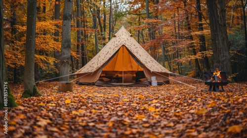 Autumn Forest Camping with Tent and Campfire in Scenic Woodland