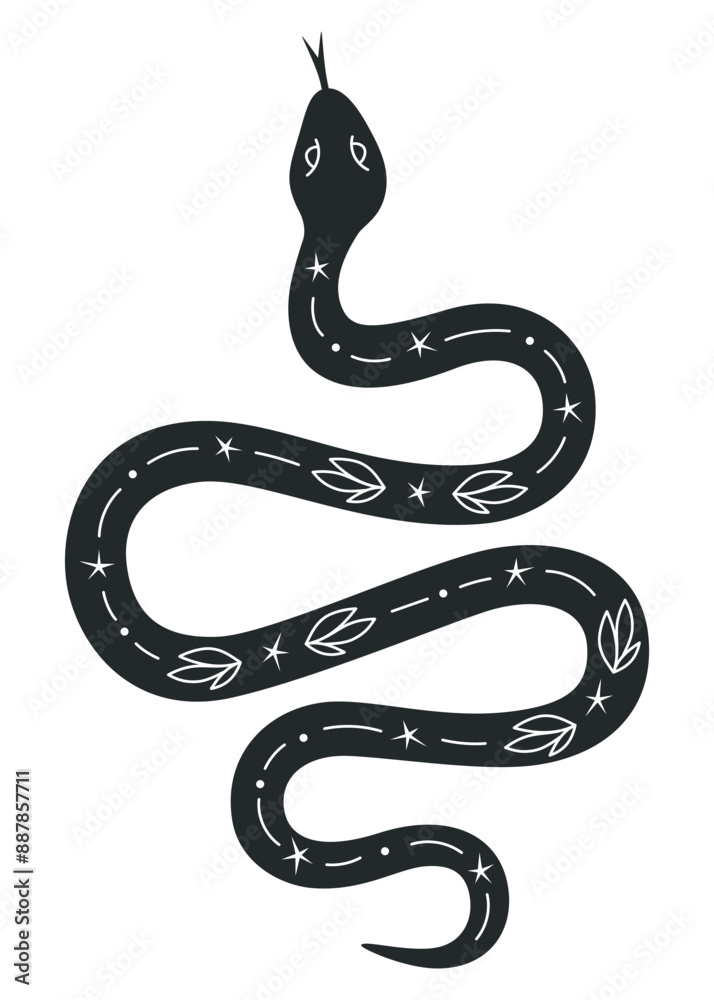 Obraz premium Mysterious snake with floral and cosmic elements. Black and white hand drawn mystic snake. Spiritual or esoteric symbols. Vector illustration isolated on white background. 