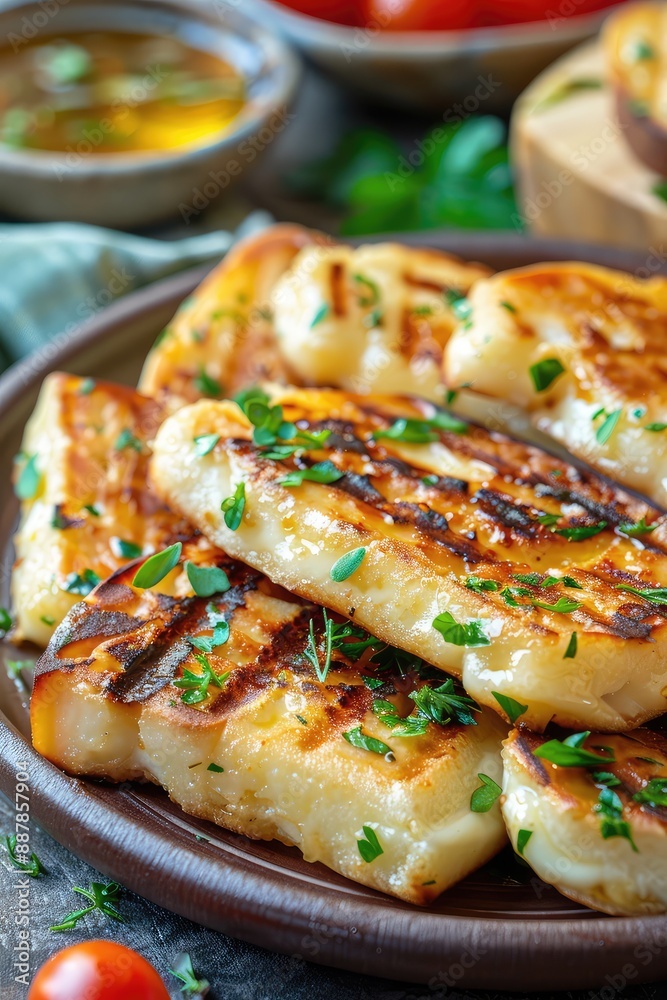 halloumi cheese fried on a plate. Selective focus. halloumi cheese fried on a plate. Selective focus.