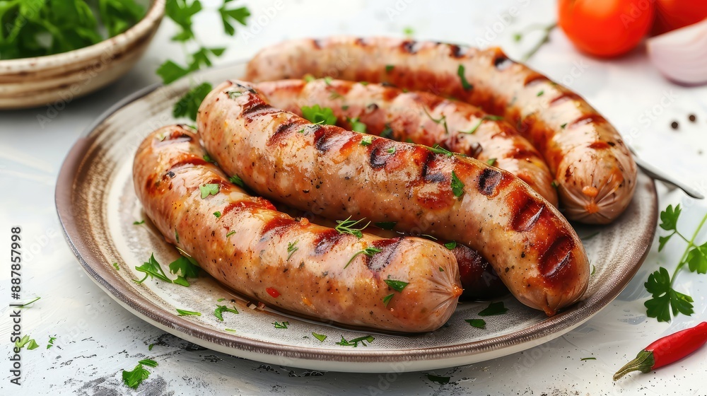 Grilled sausages fried on a plate. Selective focus. Grilled sausages fried on a plate. Selective focus.