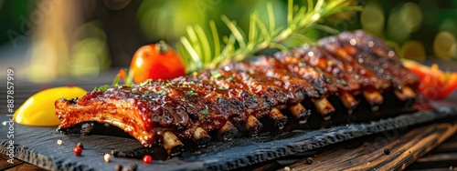 grilled ribs fried on a plate. Selective focus. photo