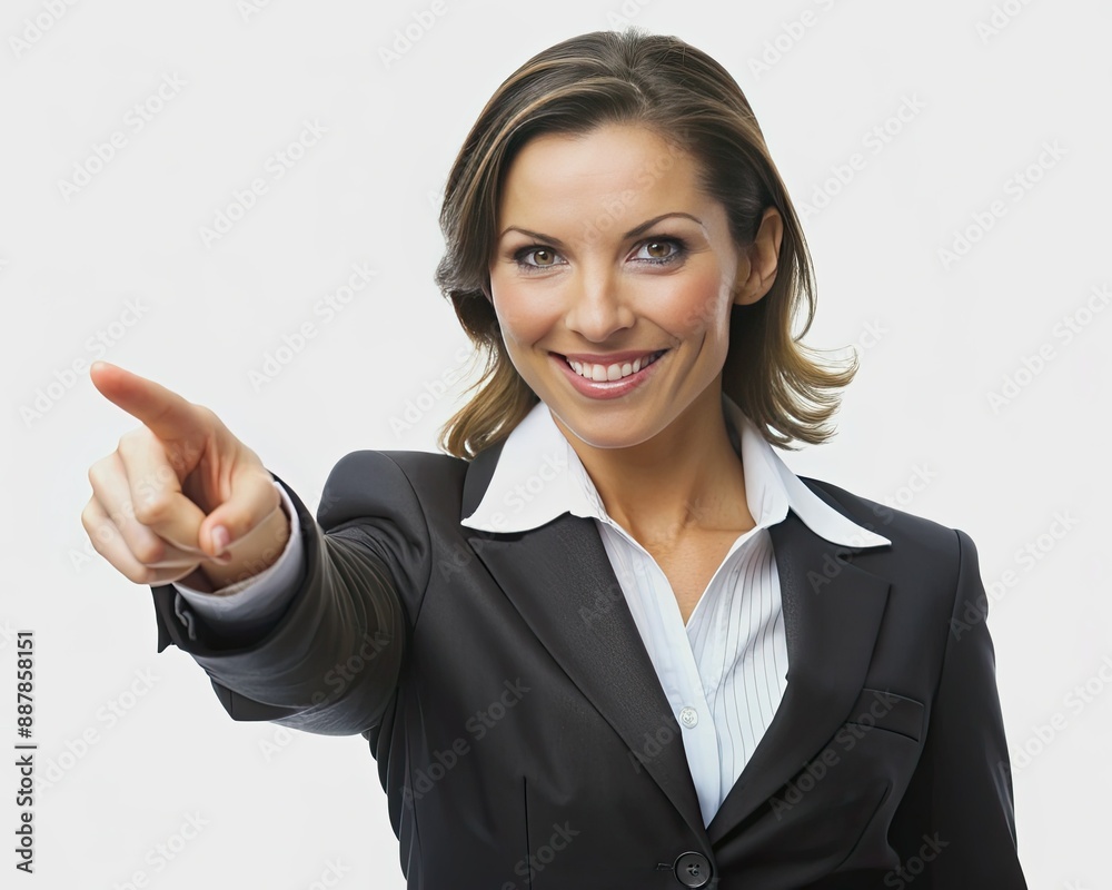 woman wearing business clothes pointing finger isolated on a tra woman wearing business clothes pointing finger isolated on a tra