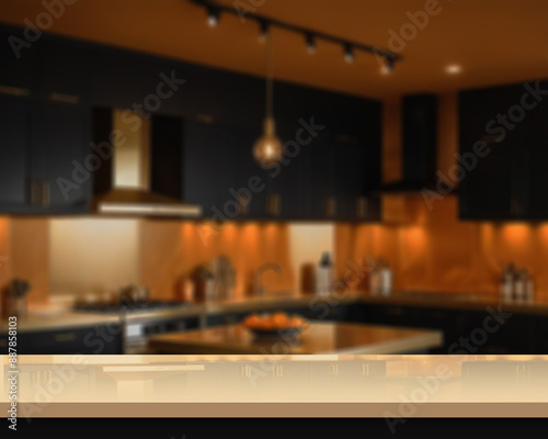 tabletop with blurred modern kitchen interior in the background