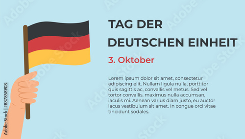German Unity Day (Tag Der Deutschen Einheit) banner template. National holiday 3 October. Hand holding Germany flag. Vector illustration.