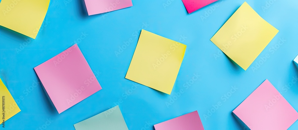 Blue background with yellow and pink square blank paper stickers offering a copy space image Blue background with yellow and pink square blank paper stickers offering a copy space image