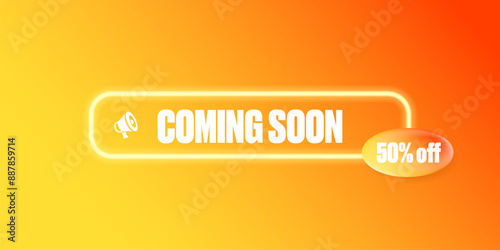 coming soon banner and button on summer orange modern background. Coming soon sign, poster, logo, symbol isolated on summer yellow and orange layout